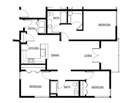 Floor plan for 3 beds, 2 baths, 1195 sqft